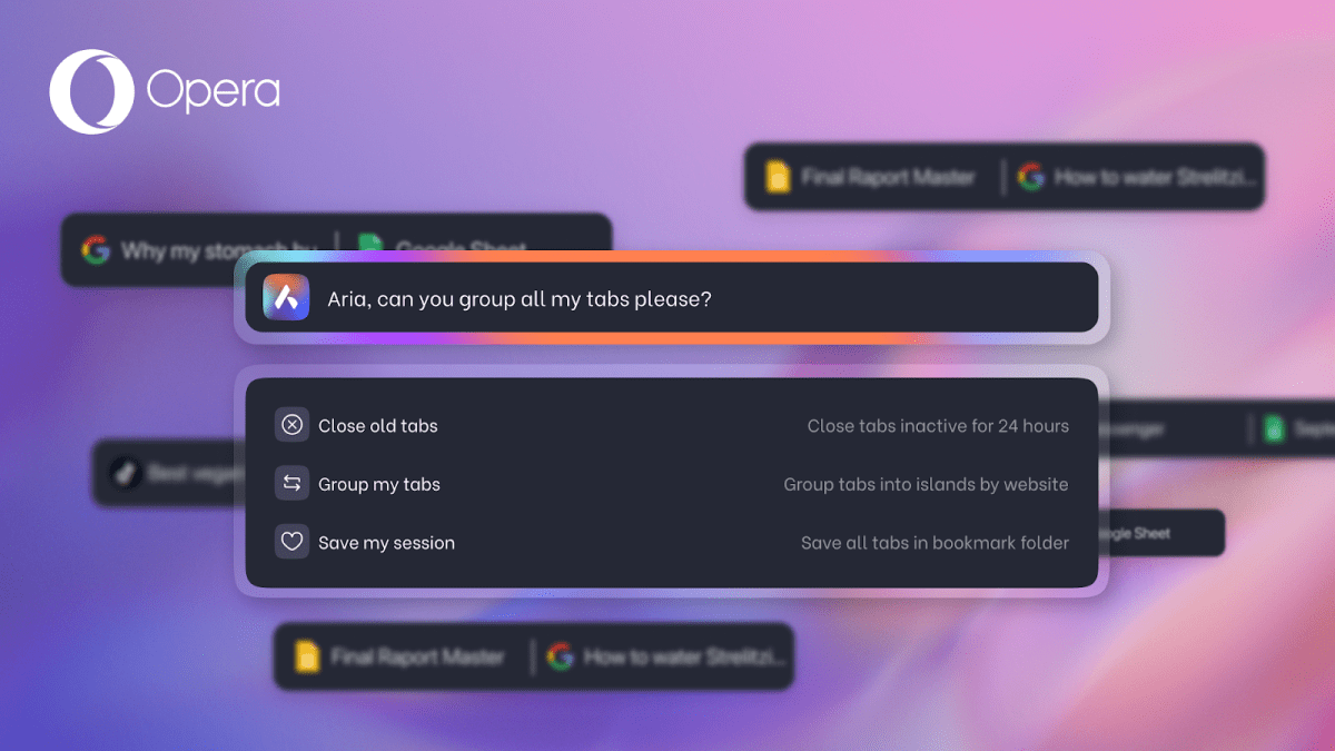 Techcrunch: Noua funcție Opera vă permite să grupați, să fixați și să închideți taburi prin comenzi în limbaj natural