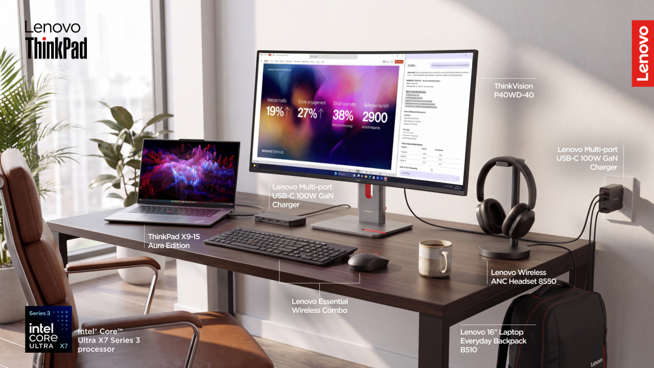 Cum te ajută ecosistemul Lenovo Think la birou: monitor, tastatură, mouse, hub USB, încărcător ultra-rapid