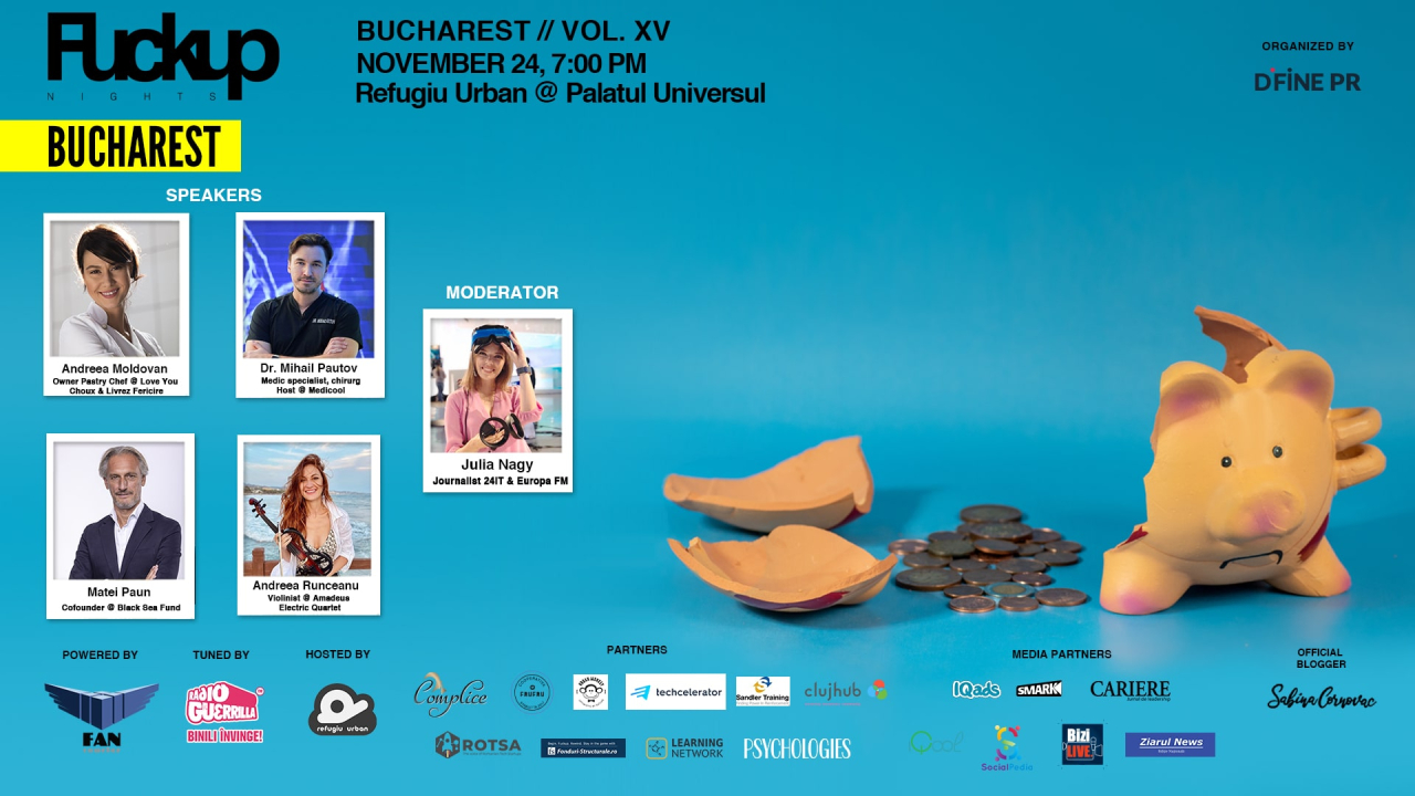 Seară despre eșec la Fuckup Nights Bucharest - ediția XV