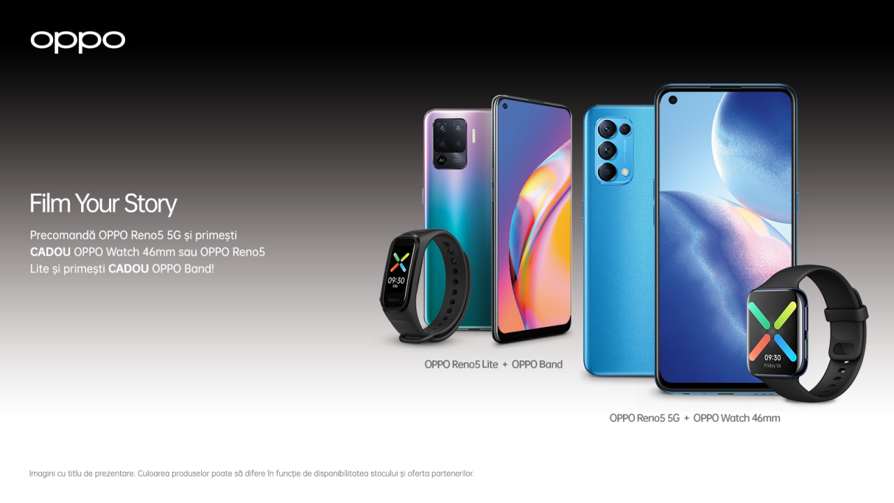 Precomandă Oppo Reno5 5G și Oppo Reno5 cu Oppo Watch inclus sau Oppo Band