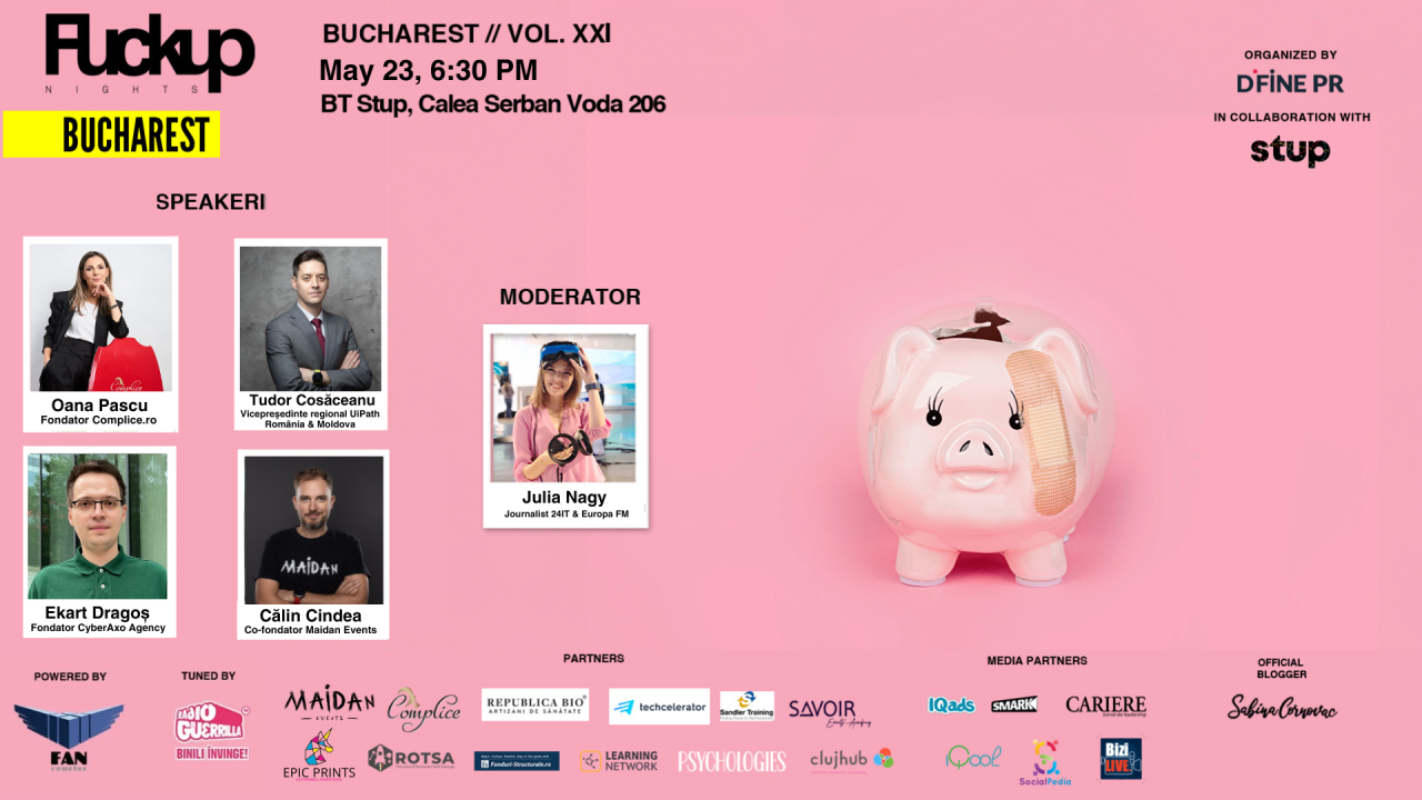 Fuckup Nights Bucharest - 23 mai: cine sunt antreprenorii de la eveniment