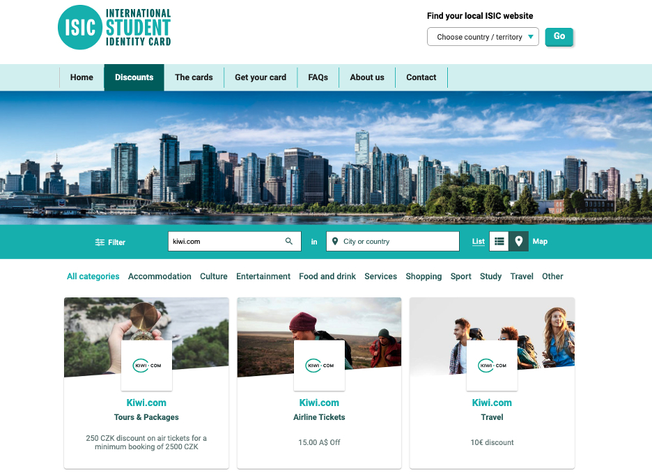 Studenții români cu carduri ISIC, reduceri la călătorii prin Kiwi.com