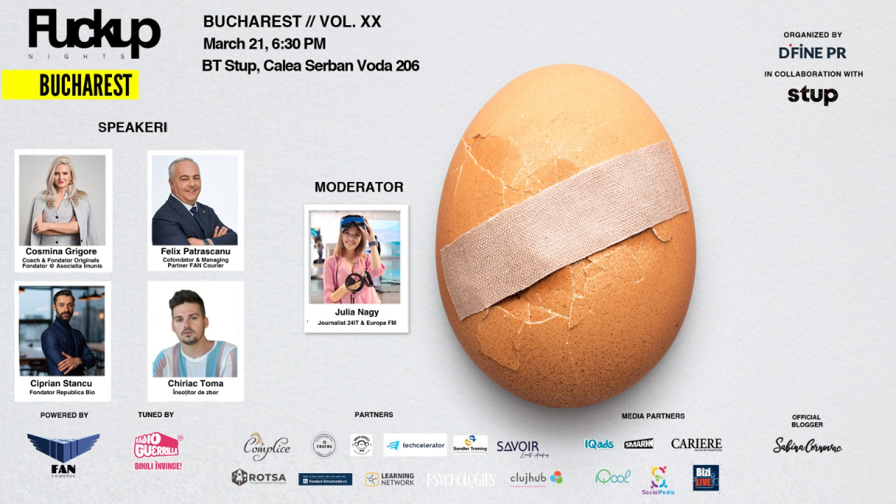 Fuckup Nights XX - Felix Pătrășcanu, Cosmina Grigore, Ciprian Stancu