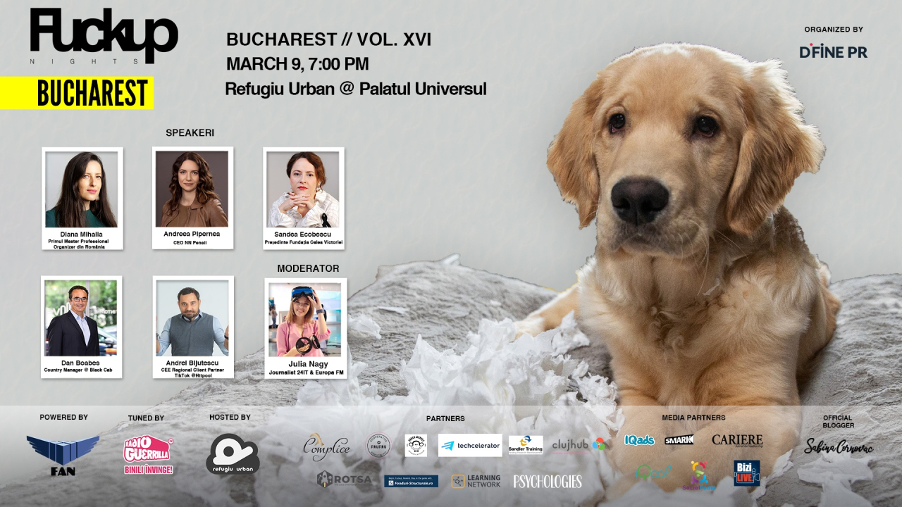 Cine vorbește despre eșec la prima ediție FuckUp Nights Bucharest din 2023