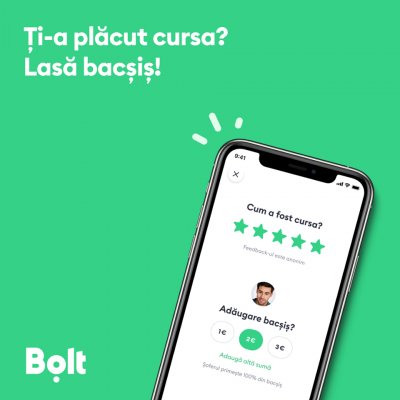 Ridesharing Bolt: poți lăsa bacșiș șoferului