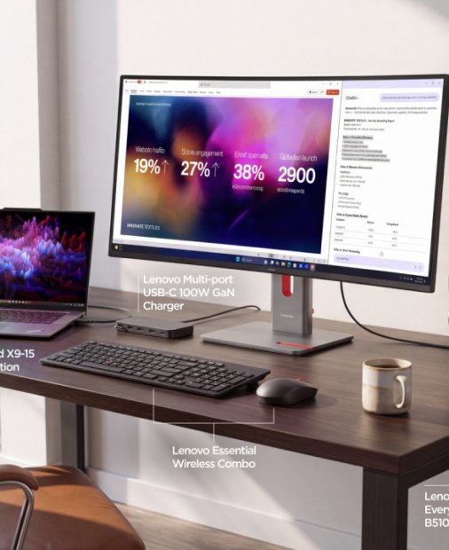 Cum te ajută ecosistemul Lenovo Think la birou: monitor, tastatură, mouse, hub USB, încărcător ultra-rapid