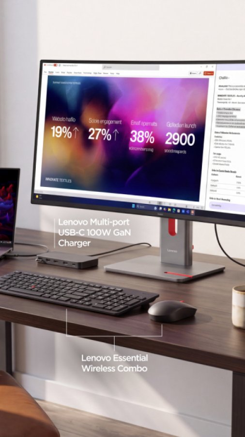 Cum te ajută ecosistemul Lenovo Think la birou: monitor, tastatură, mouse, hub USB, încărcător ultra-rapid